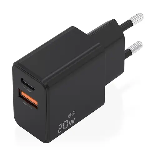 Cargador GaN 20W, 1xUSB-C PD3.0, 1xUSB-A QC3.0, Negro - Imagen 2