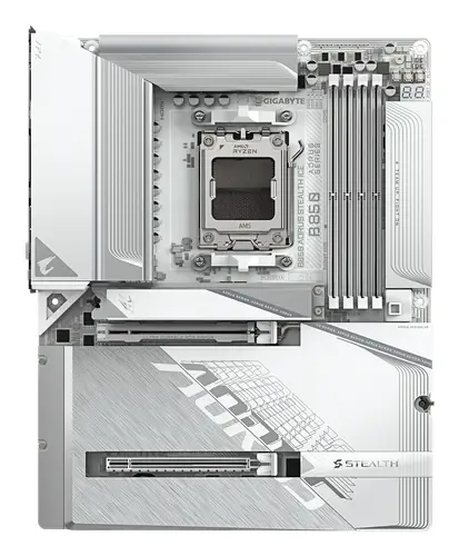 B850 AORUS STEALTH ICE Placa Base  Procesadores AMD Ryzen serie 9000, VRM digital de 14+2+2 fases, hasta 8200 MHz DDR5 (OC), 2 x M.2 PCIe 5.0 + 2 x PCIe 4.0, Wi-Fi 7, LAN 5 GbE, USB 3.2 Gen 2 - Imagen 2