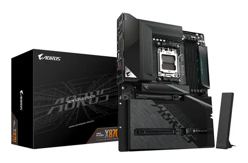 X870 AORUS STEALTH Placa Base - Compatible con procesadores AMD Ryzen 9000, VRM digital de 16+2+2 fases, hasta 8200MHz DDR5 (O.C.), 2xPCIe 5.0 + 2xPCIe 4.0, Wi-Fi 7, LAN 5GbE, USB 4 - Imagen 1