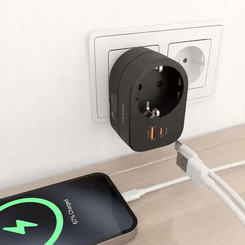 Regleta De Pared Multifuncion Con 1 Toma + 1xUSB-C 20W PD3.0, 1xUSB-A 20W QC3.0, Negro - Imagen 5