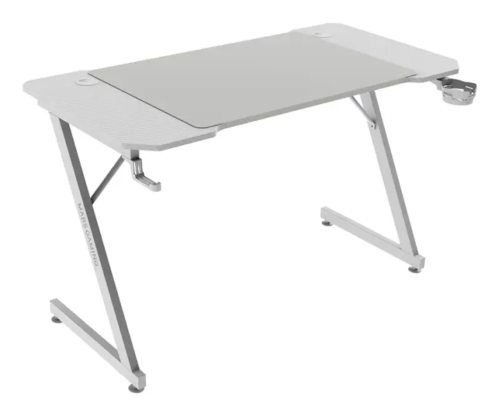 MGD-X120, Mesa Gaming Ergonómica, Superficie en Fibra de Carbono, Estructura Metálica, Alfombrilla XXL, Soporte Auriculares y Bebida, Gestión Cableado, Escritorio PC 120x60cm, Blanco