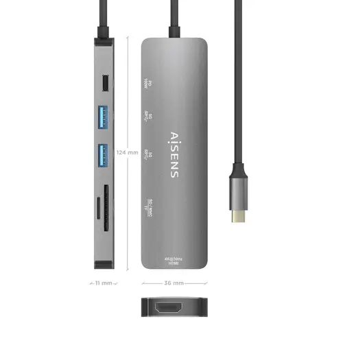 USB-C Dock 6 EN 1, USB-C a 1xHDMI, 2xUSB-A, 1xUSB-C PD 100W, 1xSD, 1xMicro SD, Gris, 15cm - Imagen 4