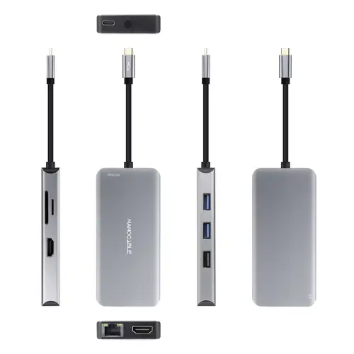 HUB USB-C 9 en 1, Conversor USB-C a 3 x USB-A + 2 x HDMI + RJ45 + TF + SD + USB-C PD 100W, Aluminio, 15 cm, Gris - Imagen 2