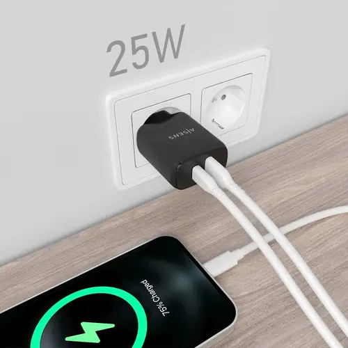 Cargador 25W, 1xUSB-C PD3.0, 1xUSB-A QC3.0, Negro - Imagen 5