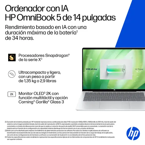 OmniBook 5 Laptop Next Gen AI 14-he0001nsx Copilot+ PC Snapdragon X1-26-100 Portátil 35,6 cm (14") 2K 16 GB LPDDR5x-SDRAM 512 GB SSD Wi-Fi 6E (802.11ax) Windows 11 Home Plata - Imagen 4