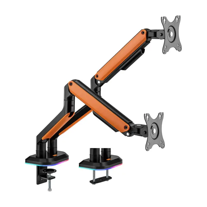 Soporte de Mesa RGB Gaming contrapeso giratorio e inclinable para Monitor/TV 9Kg (3 Pivotes, 2 Brazos) de 17-32, Negro-Naranja