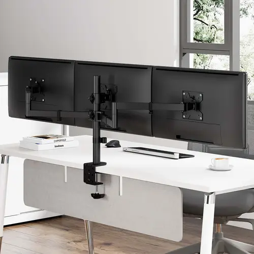 Soporte de mesa eco giratorio e inclinable para 3 monitores 10kg (3 Pivotes, 2 Brazos) de 13-27, Negro - Imagen 4