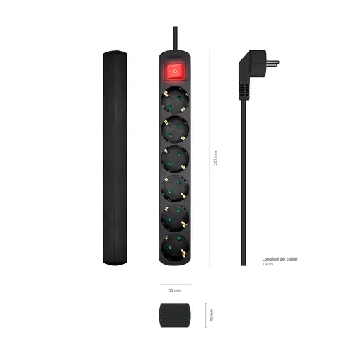 Base Multiple 6 Tomas Con Interruptor Con Cable 3x1.5mm2, Negro, 1.4m - Imagen 3