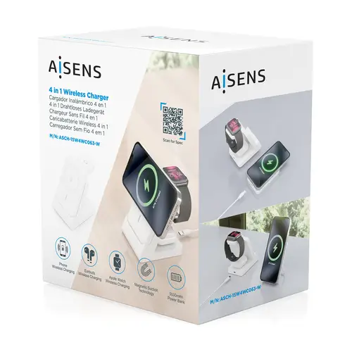 AISENS Cargador Inalambrico USB C 4 en 1 De 15W Para Movil  Apple Watch  Auriculares Con Estuche De Carga  Blanco - Imagen 9