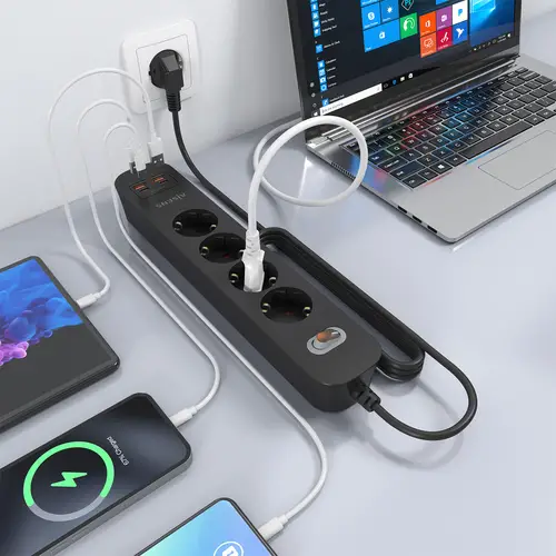 Regleta de Enchufes Multifuncion con 4 Tomas + Cargador PD3.0 20W 2xUSB-C, 2xUSB-A, 1.4m, Negro - Imagen 6