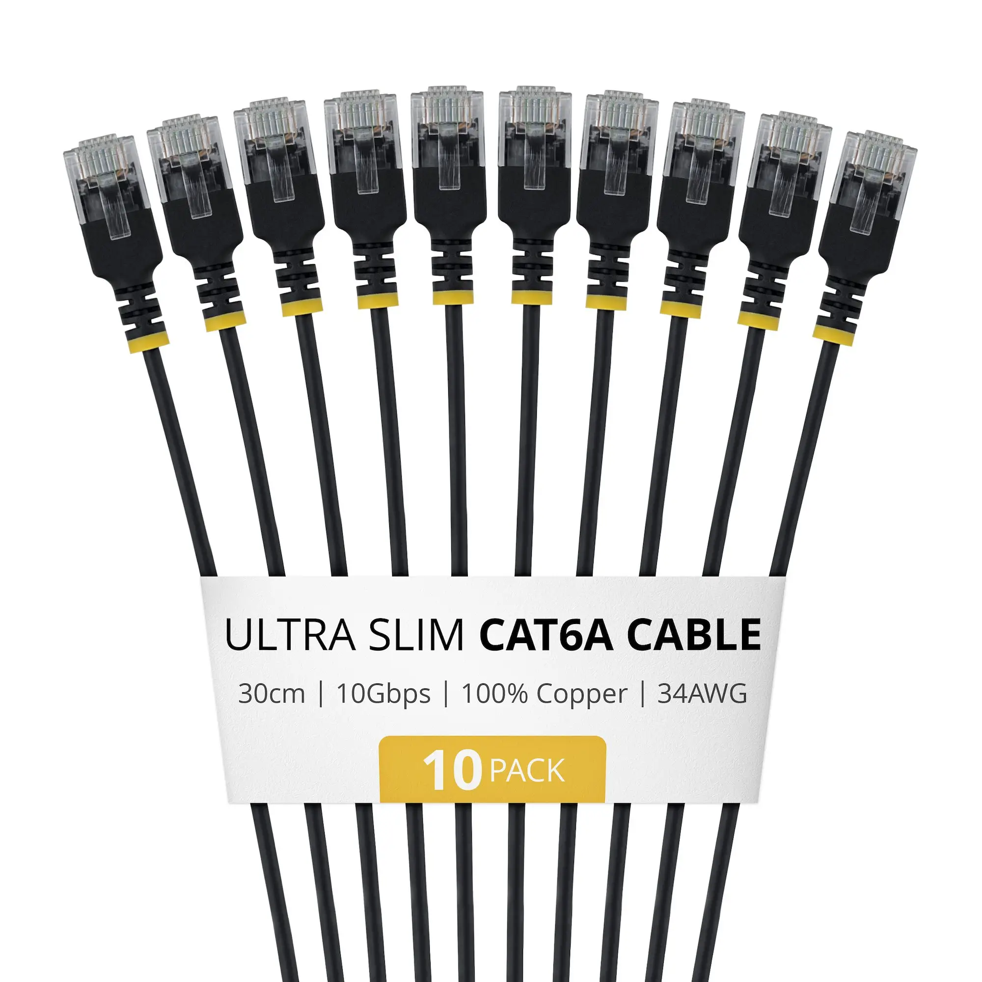 Paquete de 10 - Cable de Red Cat6A RJ45 Ultra Fino de 30cm - Cable Ethernet Ultra Slim - Cobre de 34AWG - UTP - Probado Individualmente - Negro