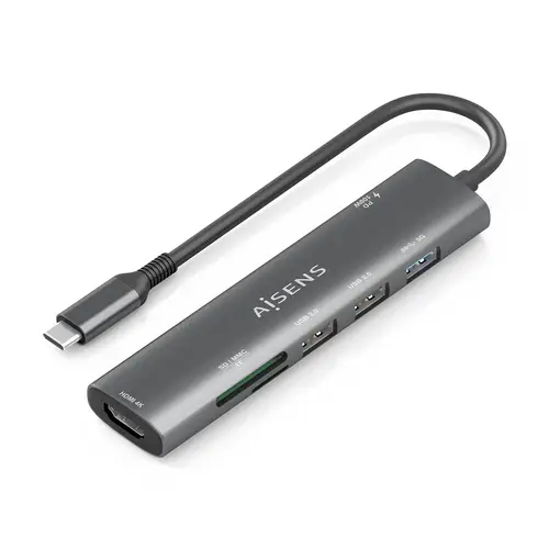 USB-C Dock 7 en 1, USB-C A, 1x HDMI, 2x USB-A USB2.0, 1x USB-A USB3.0, 1x USB-C PD 100W, 1x SD, 1x MicroSD, Gris, 15cm - Imagen 1