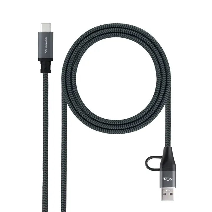 Cable USB 3.2 Gen2x2 20Gbps 5A/100W, USB-C+USB-A/M a USB-C/M, Gris/Negro, 2m