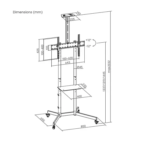 Soporte De Suelo Eco Con Rueda, Bandeja Para DVD Y Soporte De Cámara Para Monitor/TV 45kg De 37-70, Negro - Imagen 7
