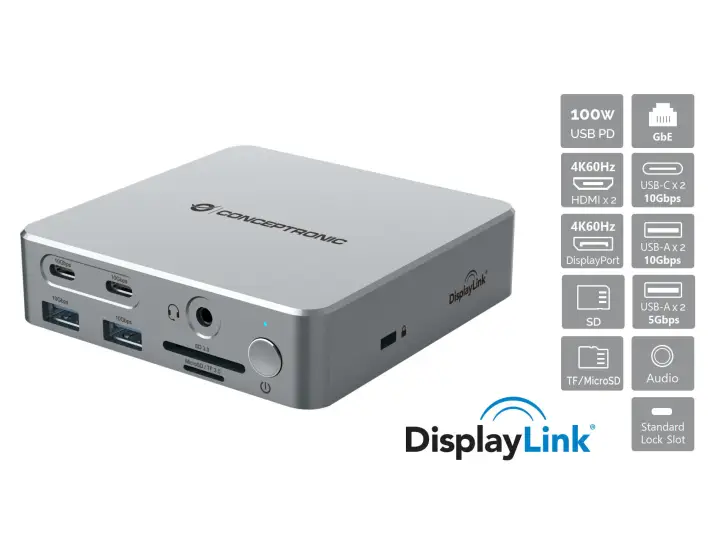 DONN25G base para portátil y replicador de puertos Alámbrico USB 3.2 Gen 2 (3.1 Gen 2) Type-C Plata