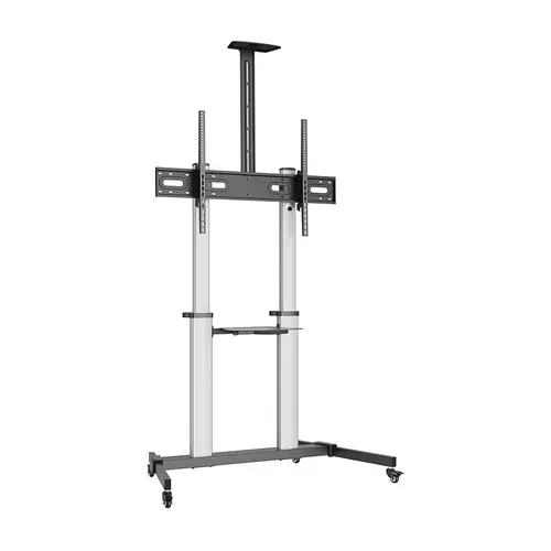 Soporte de suelo PRO con ruedas, bandeja para DVD y soporte de cámara para Monitor/TV 100Kg de 60-100, Negro-Plata - Imagen 1