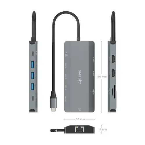 USB-C Dock 12 en 1, USB-C A 2xHDMI, 1xRJ45, 3xUSB-A, 1xUSB-C, 1xUSB-C PD, 1xSD, 1xMicro SD, Gris, 20cm - Imagen 4