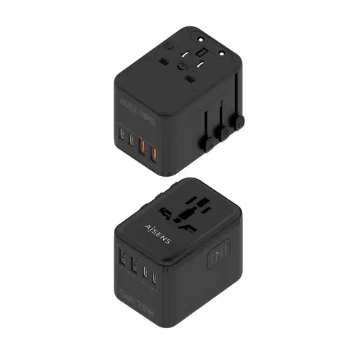 Adaptador Enchufe Universal Para Viaje EU/USA/UK/AU Con Cargador USB GaN, 2xUSB-A QC3.0, 2xUSB-C PD3.0 25W, Negro - Imagen 2