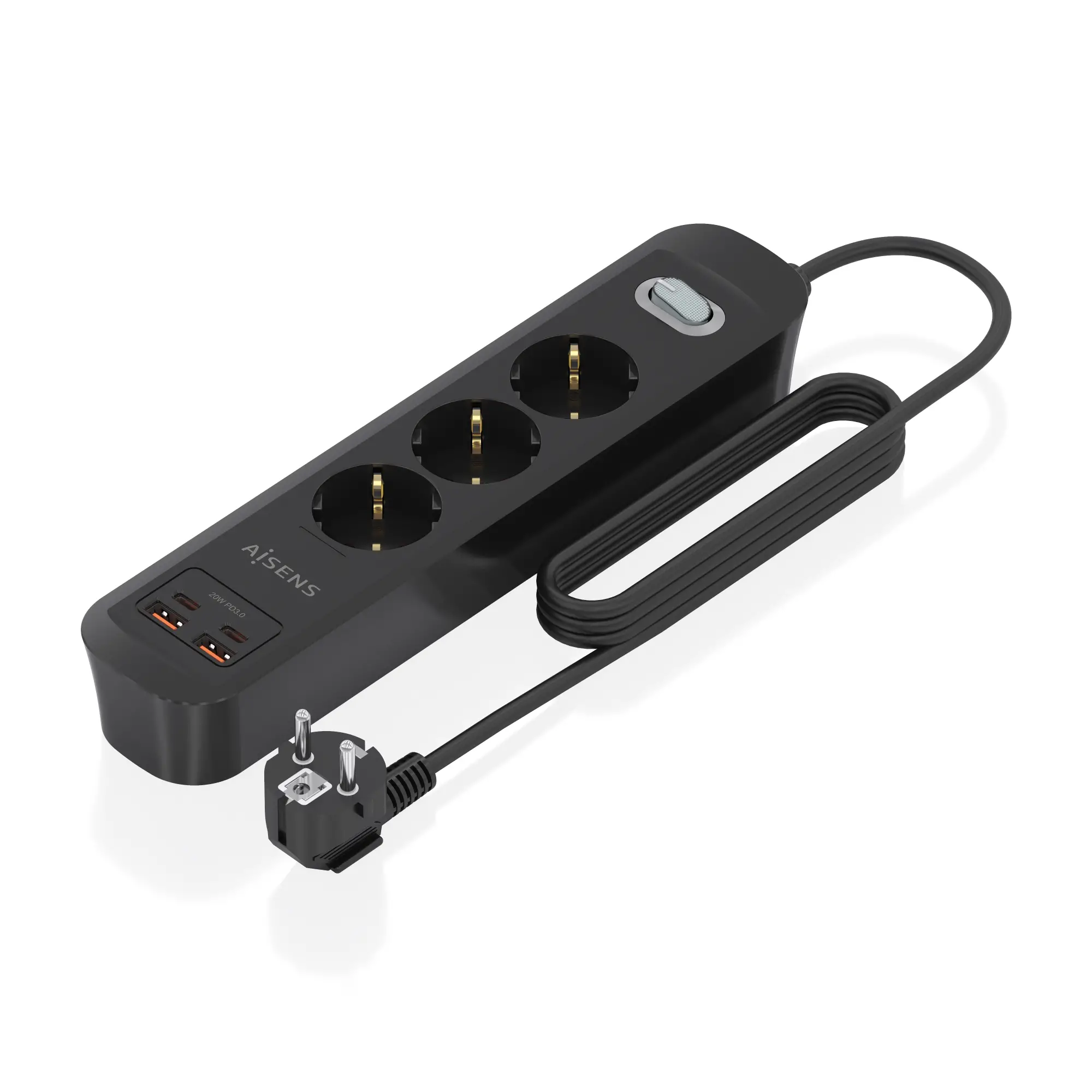 Regleta de Enchufes Multifuncion con 3 Tomas + Cargador PD3.0 20W 2xUSB-C, 2xUSB-A, 1.4m, Negro