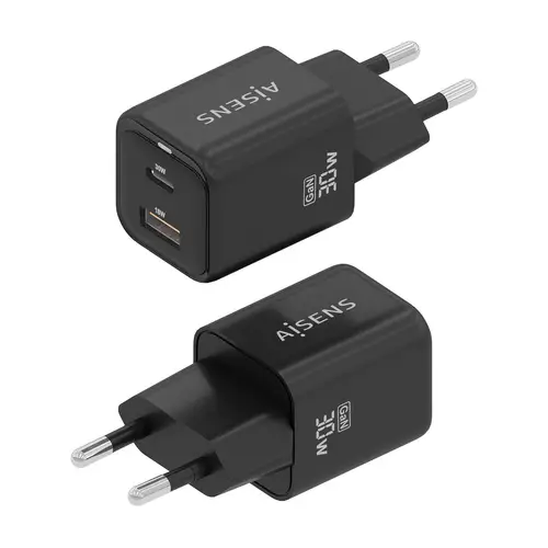 Cargador Gan 30W, 1xUSB-C PD3.0 QC4.0, 1xUSB-A QC3.0, Negro - Imagen 3