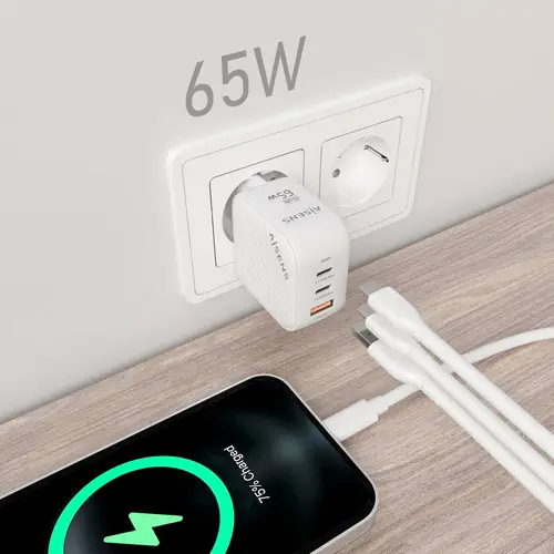 Cargador GaN 65W, 2xUSB-C PD3.0 QC4.0, 1xUSB-A QC3.0, Blanco - Imagen 4