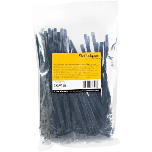 Bridas reutilizables de 20cm para cables - 7 mm de ancho, 50 mm de diámetro, soportan 22 kg de tensión, de nylon, para interior/ext., 94V-2/UL, paquete de 100 - negras - Imagen 6