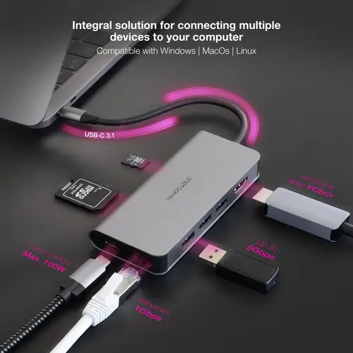 Hub USB-C 8 en 1, Conversor USB-C 3.1 a 3xUSB-A 3.0 + HDMI 4K@60Hz + USB-C PD + RJ45 1Gbps + TF + SD, Aluminio, Gris, 18 cm - Imagen 5