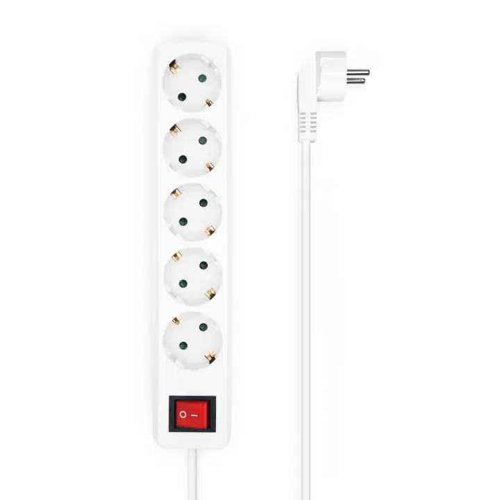 Base Multiple 5 Tomas con Interruptor con Cable 3×1.5mm2, Blanco, 1.4 m