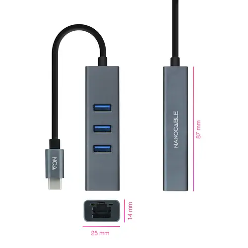 Conversor USB-C a Ethernet Gigabit + 3XUSB 3.0, Aluminio, Gris, 15 cm - Imagen 2