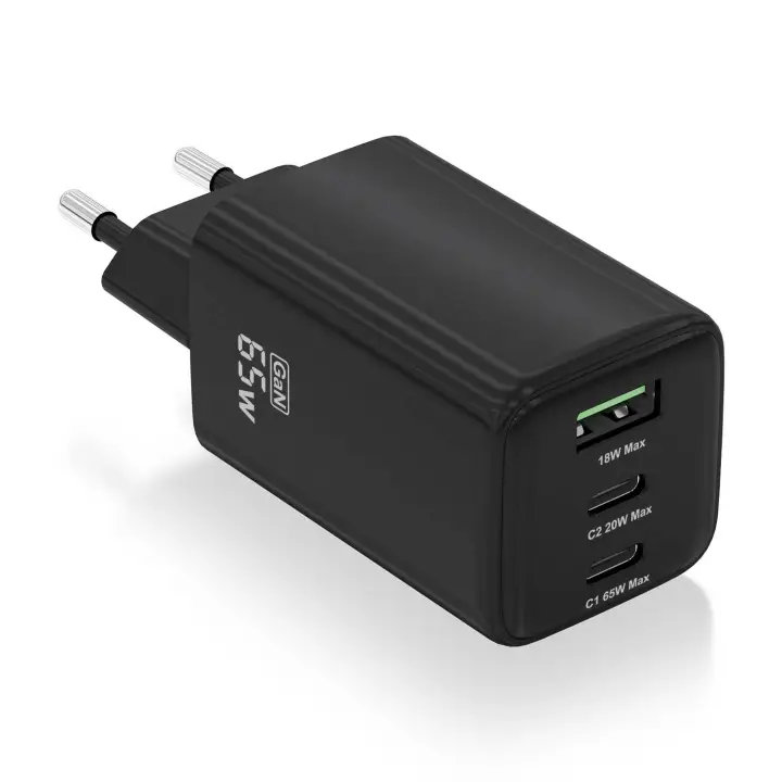 Cargador Gan 65W, 2xUSB-C PD3.0 QC4.0, 1xUSB-A QC3.0, Negro