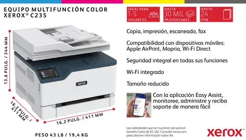 C235 A4 22 ppm Inalámbrica Copia/impresión/escaneado/fax PS3 PCL5e/6 ADF 2 bandejas Total 251 hojas - Imagen 6