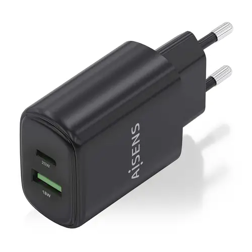 Cargador GaN 25W, 1xUSB-C PD3.0, 1xUSB-A QC3.0, Negro - Imagen 2