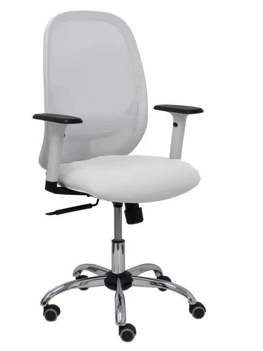 Silla Cilanco blanca malla blanca asiento similpiel blanco brazo regulable base cromada ruedas de