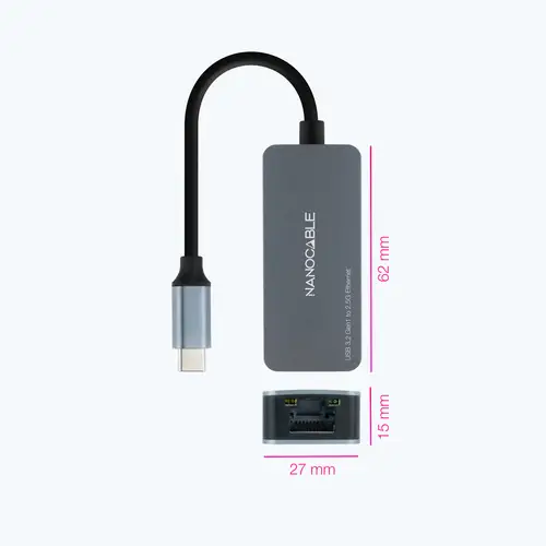 Conversor USB-C 3.2 GEN1 a Ethernet 2.5G, Aluminio, Gris, 15 cm - Imagen 2