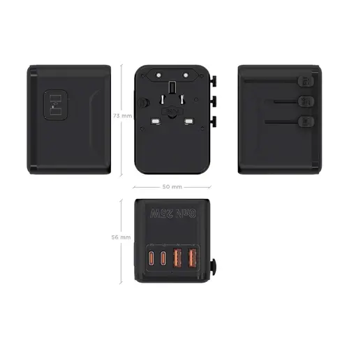 Adaptador Enchufe Universal Para Viaje EU/USA/UK/AU Con Cargador USB GaN, 2xUSB-A QC3.0, 2xUSB-C PD3.0 25W, Negro - Imagen 5