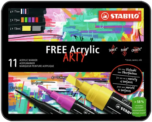 FREE Acrylic marcador 11 pieza(s) Negro, Azul, Carmín, Gris Oscuro, Verde, Lila, Naranja, Rosa, Violeta, Blanco, Amarillo - Imagen 1