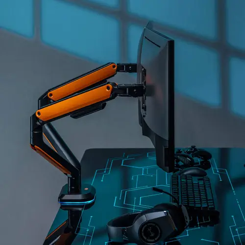 Soporte de Mesa RGB Gaming contrapeso giratorio e inclinable para Monitor/TV 9Kg (3 Pivotes, 2 Brazos) de 17-32, Negro-Naranja - Imagen 5