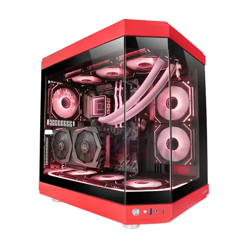 MC-3T, Caja Gaming Custom ATX, Triple Ventana Cristal Templado Continuo, Soporte Refrigeración Líquida Completo, Cámara Dual Lateral, 3x Slots PCI Verticales, USB-C y USB 3.0, Rojo - Imagen 2