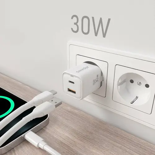 Cargador Gan 30W, 1xUSB-C PD3.0 QC4.0, 1xUSB-A QC3.0, Blanco - Imagen 5