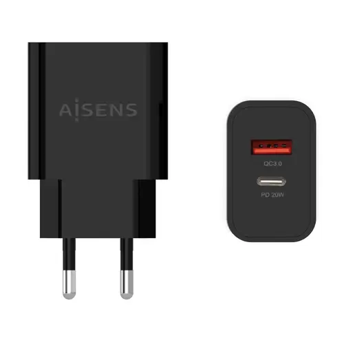 Cargador 20W, 1xUSB-C PD3.0, 1xUSB-A QC3.0, Negro - Imagen 1