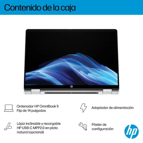 OmniBook 5 Flip 2-in-1 Laptop 14-fp0058ns Intel Core 7 150U 35,6 cm (14") Pantalla táctil 2K 16 GB LPDDR5-SDRAM Wi-Fi 6 (802.11ax) Windows 11 Home Plata - Imagen 6