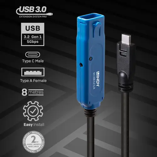 43381 cable USB USB 3.2 Gen 1 (3.1 Gen 1) 8 m USB C USB A Negro, Azul - Imagen 2