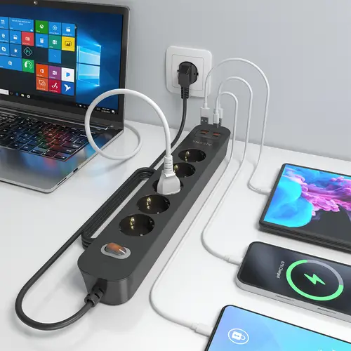 Regleta de Enchufes Multifuncion con 5 Tomas + Cargador PD3.0 20W 2xUSB-C, 2xUSB-A, 1.4m, Negro - Imagen 5