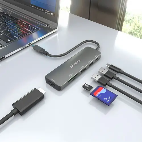 USB-C Dock 6 en 1, USB-C A, 1x HDMI, 2x USB-A, 1x USB-C PD 100W, 1x SD, 1x MicroSD, Gris, 15cm - Imagen 6