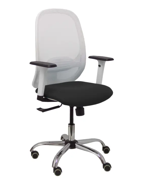 Silla Cilanco blanca malla blanca asiento similpiel negro brazo regulable base cromada ruedas de