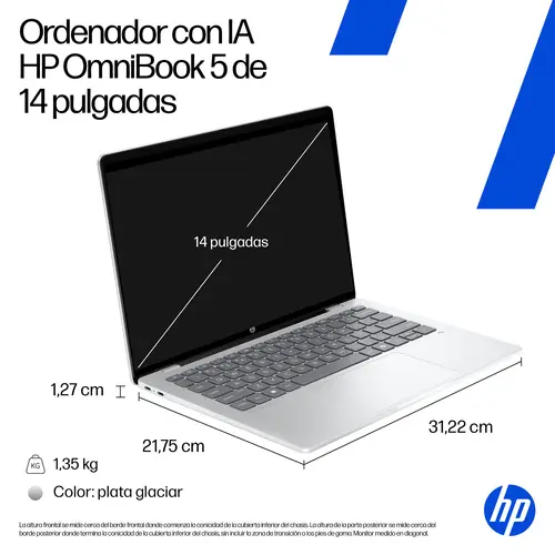 OmniBook 5 Laptop Next Gen AI 14-he0001nsx Copilot+ PC Snapdragon X1-26-100 Portátil 35,6 cm (14") 2K 16 GB LPDDR5x-SDRAM 512 GB SSD Wi-Fi 6E (802.11ax) Windows 11 Home Plata - Imagen 7