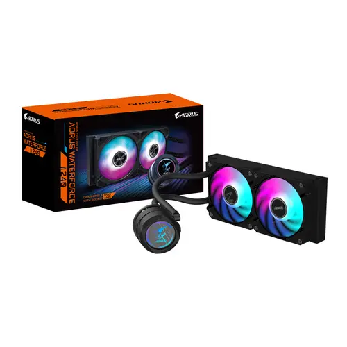 AORUS WATERFORCE II 240 Refrigerador de CPU líquido AIO - 2x ventiladores ARGB de 120 mm, mecanismo de conexión deslizante, DAISY-CHAIN, compatible con Intel LGA 1851 y AMD AM5 - Imagen 1