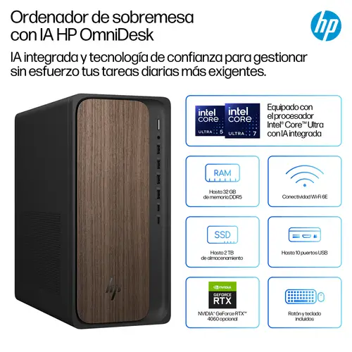 OmniDesk Desktop AI M03-0012ns PC Intel Core Ultra 5 225 16 GB DDR5-SDRAM 1 TB SSD Windows 11 Home Torre AI PC Madera, Negro - Imagen 3