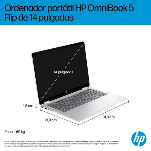 OmniBook 5 Flip 2-in-1 Laptop 14-fp0057ns Intel Core 7 150U 35,6 cm (14") Pantalla táctil 2K 16 GB LPDDR5-SDRAM 1 TB SSD Wi-Fi 6 (802.11ax) Windows 11 Home Plata - Imagen 6