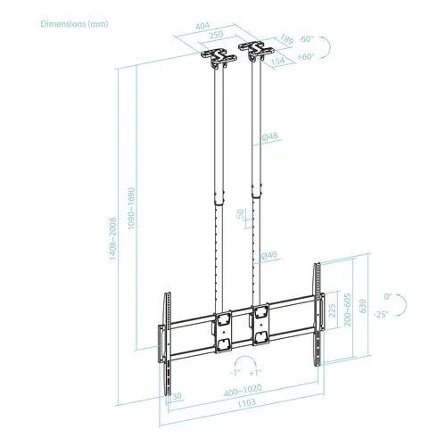 Soporte de Techo Extensible con doble mástil para Pantallas 60-120", Negro - Imagen 4